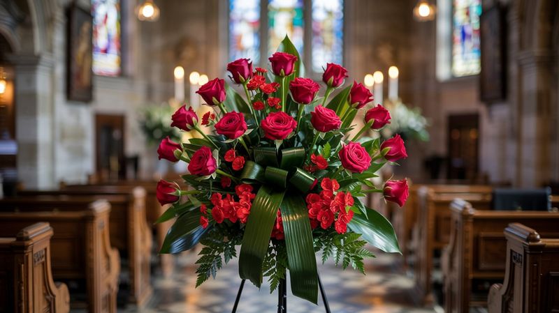 The Sacred Rose Remembrance funeral easel spray is an amazing example of a red rose tribute.  A vibrant "Sacred Rose Remembrance" funeral arrangement featuring 20-25 red roses on a metal easel, accented with green banana leaves, ferns, and a dark green ribbon, placed near a wooden pew in a church with stained glass windows in the background.

