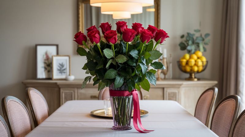 A dozen red roses in a glass vase as a centerpiece on a dining table in an elegant suburban dining room, with blush pink chairs, a chandelier, and French doors in the background.