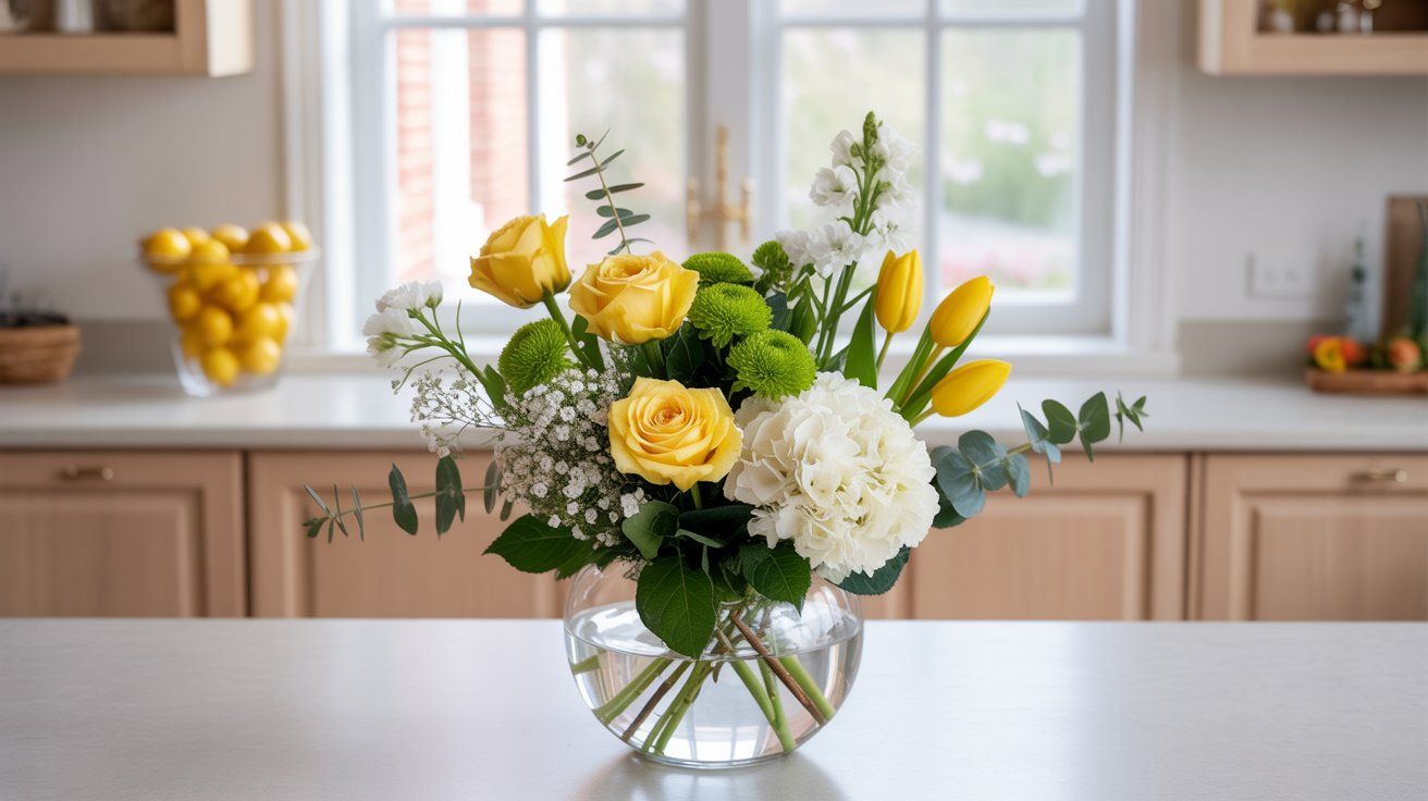 A photograph of the Sunshine Scholar Arrangement, featuring 4 yellow roses, 2 white hydrangeas, 4 yellow tulips, 3 white stock, 2 green chrysanthemums, 2 stems of baby’s breath, and 3 stems of eucalyptus in a round glass vase, placed on a white kitchen counter. The kitchen is brightly lit with natural light from a large window, with a background of light wooden cabinets and a vase of lemons, creating a fresh and cheerful graduation vibe.