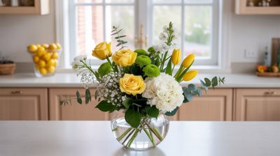 A photograph of the Sunshine Scholar Arrangement, featuring 4 yellow roses, 2 white hydrangeas, 4 yellow tulips, 3 white stock, 2 green chrysanthemums, 2 stems of baby’s breath, and 3 stems of eucalyptus in a round glass vase, placed on a white kitchen counter. The kitchen is brightly lit with natural light from a large window, with a background of light wooden cabinets and a vase of lemons, creating a fresh and cheerful graduation vibe.