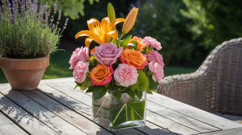 The Bright Future Bouquet, featuring 3 orange lilies, 4 pink roses, 3 orange roses, 5 pink carnations, and 4 stems of green foliage in a square glass vase, placed on a modern living room side table. The room has a light gray sofa with orange throw pillows, a white rug, and a large window with sunlight streaming in, casting soft shadows. The overall atmosphere is warm and celebratory, perfect for a graduation gift.