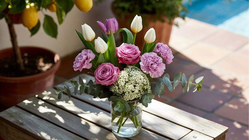 A close-up photo of a Designer’s Choice Graduation Bloom, featuring a florist-selected mix of 3 pink roses, 4 white tulips, 3 purple carnations, 2 stems of baby’s breath, and 3 stems of eucalyptus in a glass vase, set on a table at an outdoor patio. The background includes graduates a potted plant.

