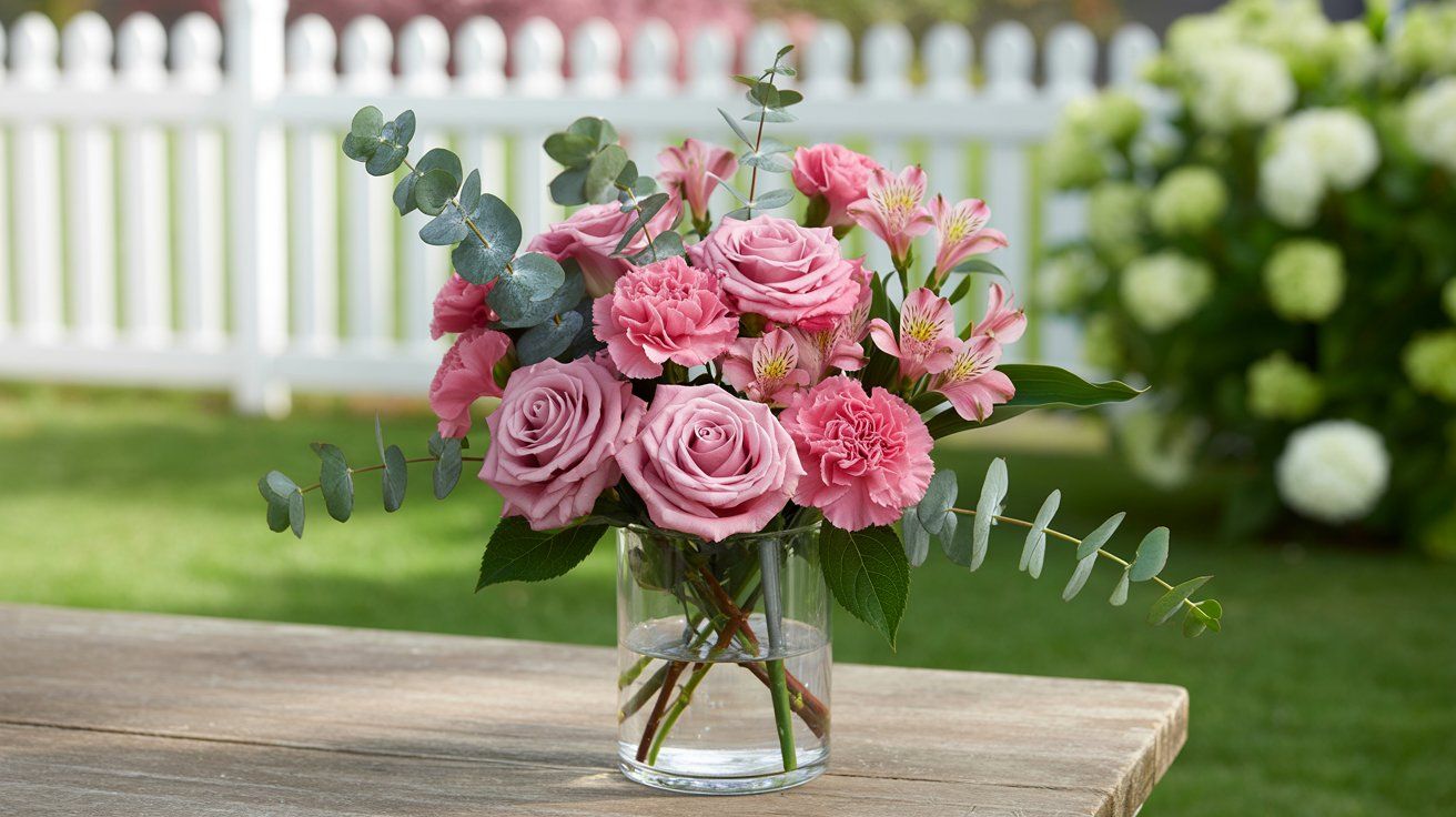 A close-up photograph of the Grad Glow flower arrangement, featuring 5 pink roses, 6 pink carnations, 3 pink alstroemeria, and 4 stems of eucalyptus in a simple glass vase, set on a small table in a sunny backyard. The background includes a white picket fence, blooming flowers, capturing a charming and festive outdoor graduation moment.