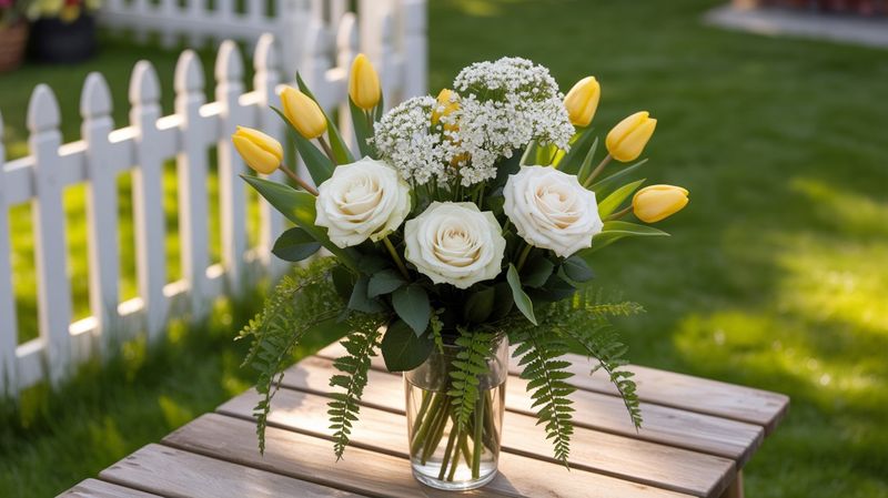 A photograph of the Classic Grad Cheers flower arrangement, featuring 5 white roses, 6 yellow tulips, 3 stems of baby’s breath, and 4 stems of fern in a classic glass vase, set on a picnic table in a backyard. The background includes a white picket fence and green grass, capturing a nostalgic and joyful graduation day under a sunny sky.


