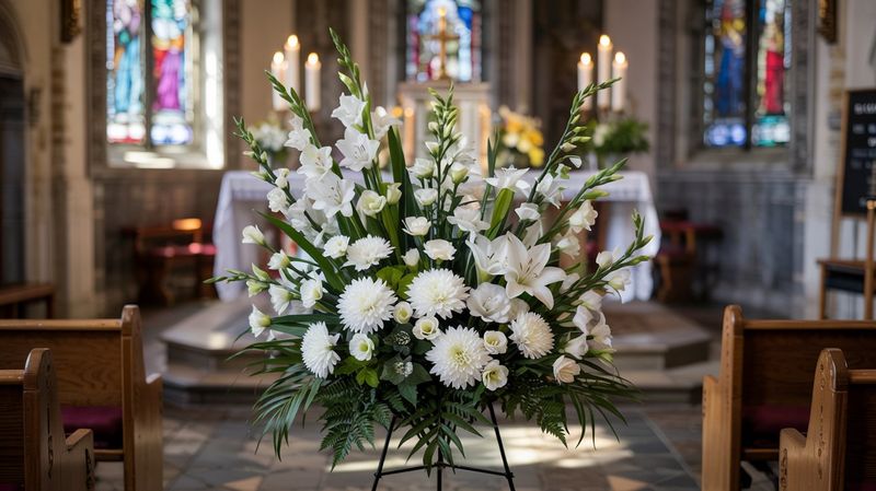 A funeral flower easel spray, featuring a lush, cascading display of white flowers including graceful White Gladiolus, delicate White Larkspur, striking White Spider Mums, soft White Carnations, fragrant White Stock, and elegant White Asiatic Lilies, mixed with green ferns and large palm leaves. The flowers form a dense, rectangular shape, 3 feet wide and 2.5 feet tall, on a metal easel stand. The arrangement is tall, upright and features flowers pointing upward. The arrangement is displayed in front of a church altar, with soft, natural light streaming through stained glass windows in the background, casting a serene glow. The church interior has stone walls, and a calm, reverent atmosphere