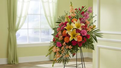 A high-resolution photograph of the Warm Remembrance Spray, a funeral easel spray featuring 5 orange lilies, 6 yellow roses, 8 red carnations, 4 stems of pink snapdragons, and 6 stems of greenery like palm leaves and ferns, arranged in a cascading design on a black metal tripod stand. The spray is set in a sunlit greeting area in a funeral home.  The walls are colored in a soft pastel green color reminiscent of a solemn day.