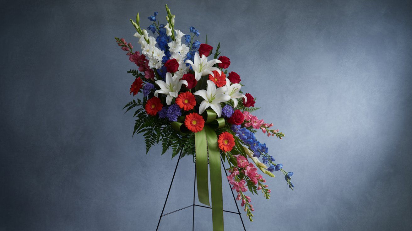 A soft and elegant easel spray with white lilies, red roses, red gerbera daisies, white gladiolus, blue delphinium, pink snapdragons, and greenery like ferns, arranged on a tripod stand with a large green ribbon. The arrangement has a classic, respectful tone with a mix of vibrant and serene colors.  Here is stands against a grey  background in ambient studio lighting.
