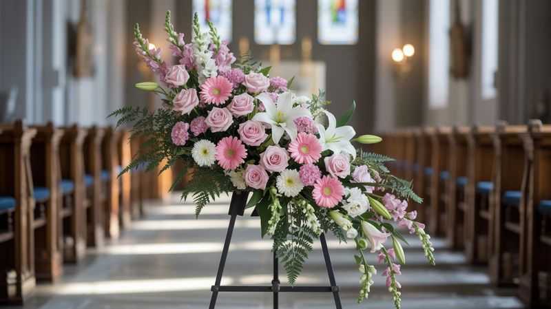 A funeral easel spray with pink roses, pink gerbera daisies, pink snapdragons, white lilies, and greenery on a tripod stand with a green ribbon, displayed in a church setting - an altar in the background with pews extending toward the altar.