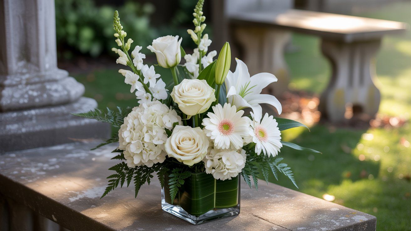 A high-resolution photograph of the Pure Solace Bouquet, a sympathy arrangement with 5 white roses, 3 white lilies, 4 white gerbera daisies, 2 white hydrangeas, 3 stems of white snapdragons, and 4 stems of greenery like ferns, in a 5-inch square glass vase. The arrangement is placed on a stone bench in a memorial garden with a fountain and white roses in the background, captured in soft morning light for a peaceful outdoor tribute.