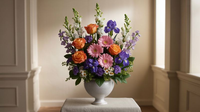 A high-resolution photograph of a sympathy flower arrangement featuring 6 orange roses, 5 pink gerbera daisies, 4 purple irises, 3 stems of white snapdragons, 3 stems of green bells of Ireland, and 5 stems of greenery like ferns, arranged in a white ceramic urn-style vase (8 inches tall, 6 inches wide at the top). The arrangement is placed on a ceramic pillar in a funeral home near a window.  The soft tan walls provide a peaceful contrast.