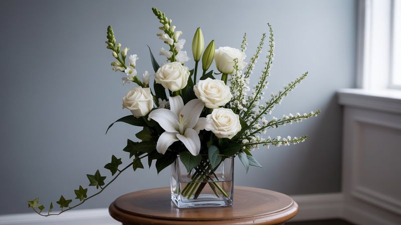 A sympathy arrangement with white roses, lilies, snapdragons, and greenery in a 5-inch square glass vase, displayed on wooden side table in a funeral home with grey walls.  A nearby window yields soft, muted sunlight.