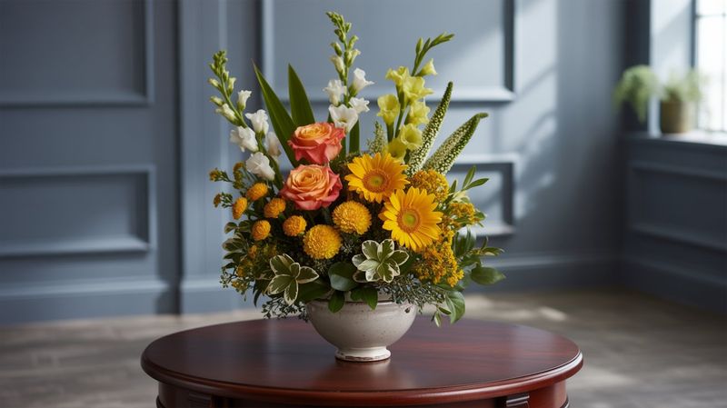 Create a high-resolution professional photograph of the Sunlit Solace Urn, a sympathy arrangement with 5 orange roses, 4 yellow sunflowers, 3 stems of yellow gladiolus, 3 stems of white snapdragons, 3 stems of green bells of Ireland, 4 stems of yellow button poms, 4 stems of golden solidago, and 5 stems of greenery including varied greens of myrtle, jade, and variegated pittosporum, arranged in a white ceramic urn-style vase (8 inches tall, 6 inches wide at the top). The arrangement is displayed in a funeral parlor on a small round table.