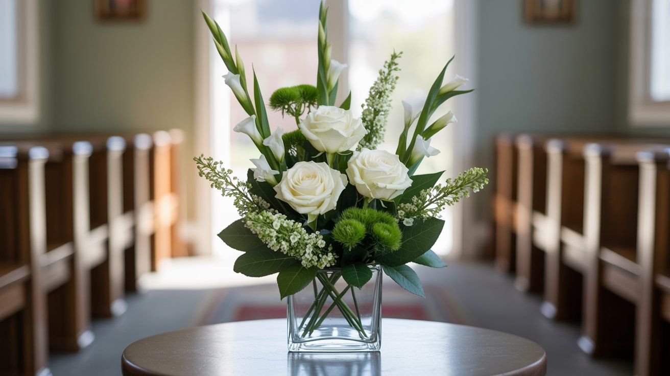 A sympathy arrangement with white roses, gladiolus, and greenery in a 6-inch rectangular glass vase, displayed on a round church table.