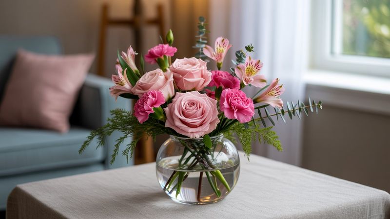 A close-up photograph of an everyday flower arrangement that features 6 pink roses, 8 hot pink carnations, 5 stems of pink alstroemeria, and 6 stems of greenery like eucalyptus and ferns, all arranged in a simple round glass vase (6 inches tall, 4 inches wide). The bouquet is displayed on a small living room table in a cozy home. A green-blue sofa and white sheer curtains are in the background.