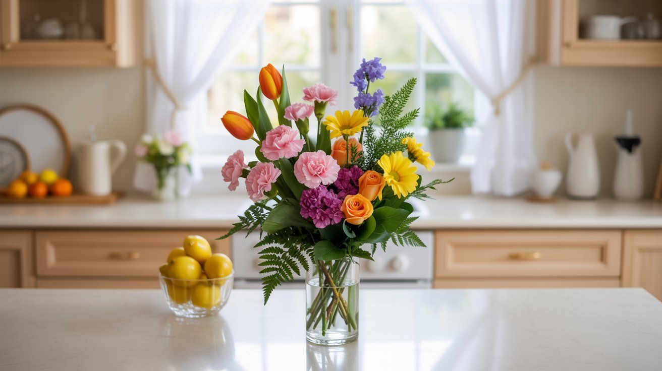 A photograph of a vibrant floral arrangement artfully displayed on a pristine white marble kitchen counter. The bouquet features four bright orange tulips, six delicate pink carnations, five cheerful yellow daisies, three elegant stems of purple stock, three stems of green bells of Ireland, five miniature orange roses, and four stems of lush ferns, all nestled within a slender glass vase that measures five inches tall and four inches wide. A small vase of bright yellow lemons sits nearby, while the kitchen backdrop reveals light wooden cabinets and a sunny window softly filtered by sheer white curtains. Soft, diffused sunlight illuminates the scene, creating a fresh and inviting atmosphere.