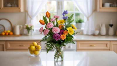 A photograph of a vibrant floral arrangement artfully displayed on a pristine white marble kitchen counter. The bouquet features four bright orange tulips, six delicate pink carnations, five cheerful yellow daisies, three elegant stems of purple stock, three stems of green bells of Ireland, five miniature orange roses, and four stems of lush ferns, all nestled within a slender glass vase that measures five inches tall and four inches wide. A small vase of bright yellow lemons sits nearby, while the kitchen backdrop reveals light wooden cabinets and a sunny window softly filtered by sheer white curtains. Soft, diffused sunlight illuminates the scene, creating a fresh and inviting atmosphere.