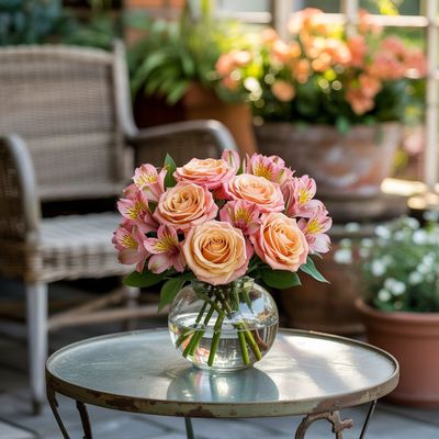 A high-resolution professional photograph of a tightly grouped, medium-sized floral arrangement with peach roses, peach alstroemeria, and greenery, arranged in a clear small round glass vase. The bouquet is set on a small iron table in a garden patio, with blooming peach-colored flowers in a pot and a wicker chair in the background. The sunlight enhances the warm peach tones, creating a serene and inviting outdoor scene.