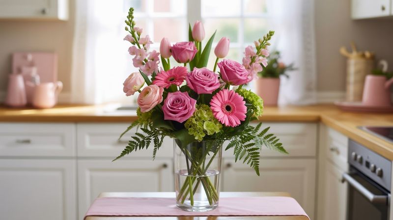 A high-resolution professional photograph of a floral arrangement with 4 hot pink roses, 4 hot pink spray roses tulips, 3 stems of pink snapdragons, 1 stem of Pink Ranunculus, 3 stems of Hot Pink Gerbera daisies, 2 green hydrangeas, and 4 stems of greenery like ferns, arranged in a clear tall glass vase (6 inches tall, 4 inches wide). The bouquet is displayed in a cozy kitchen nook on a small table with a pink table runner. The kitchen has white cabinets and a window with soft light, creating a warm and serene atmosphere. There is no wording.