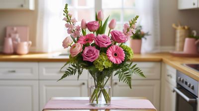 A high-resolution professional photograph of a floral arrangement with 4 hot pink roses, 4 hot pink spray roses tulips, 3 stems of pink snapdragons, 1 stem of Pink Ranunculus, 3 stems of Hot Pink Gerbera daisies, 2 green hydrangeas, and 4 stems of greenery like ferns, arranged in a clear tall glass vase (6 inches tall, 4 inches wide). The bouquet is displayed in a cozy kitchen nook on a small table with a pink table runner. The kitchen has white cabinets and a window with soft light, creating a warm and serene atmosphere. There is no wording.