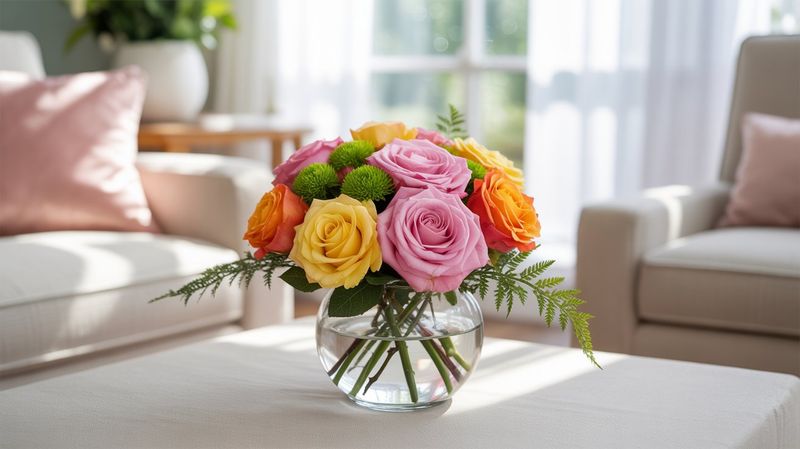 A high-resolution professional photograph of a floral arrangement with 4 pink roses, 4 yellow roses, 4 orange roses, 3 green cushion mums, and 4 stems of greenery like ferns, tightly arranged in a clear round glass vase (4 inches tall, 4 inches wide). The bouquet is placed on a living room coffee table with a white tablecloth. The room has natural light streaming through a window with sheer curtains, creating a bright and cheerful atmosphere.