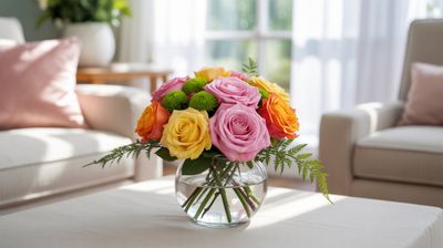A high-resolution professional photograph of a floral arrangement with 4 pink roses, 4 yellow roses, 4 orange roses, 3 green cushion mums, and 4 stems of greenery like ferns, tightly arranged in a clear round glass vase (4 inches tall, 4 inches wide). The bouquet is placed on a living room coffee table with a white tablecloth. The room has natural light streaming through a window with sheer curtains, creating a bright and cheerful atmosphere.