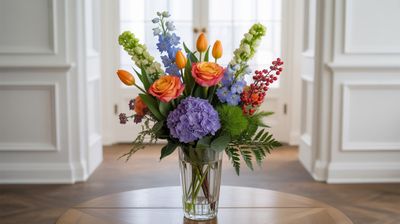 Aa high-resolution professional photograph of a floral arrangement with 4 orange roses, 4 orange tulips, 2 purple hydrangeas, 3 stems of soft blue delphinium, 3 stems of green bells of Ireland, 2 stems of Red Hypericum berries and 4 stems of greenery like eucalyptus and ferns, arranged in a clear tall slender glass vase. The bouquet is set on a table in a brightly lit entryway.  The background is a white wall that is well-lit to provide great contrast and focus on the flowers.