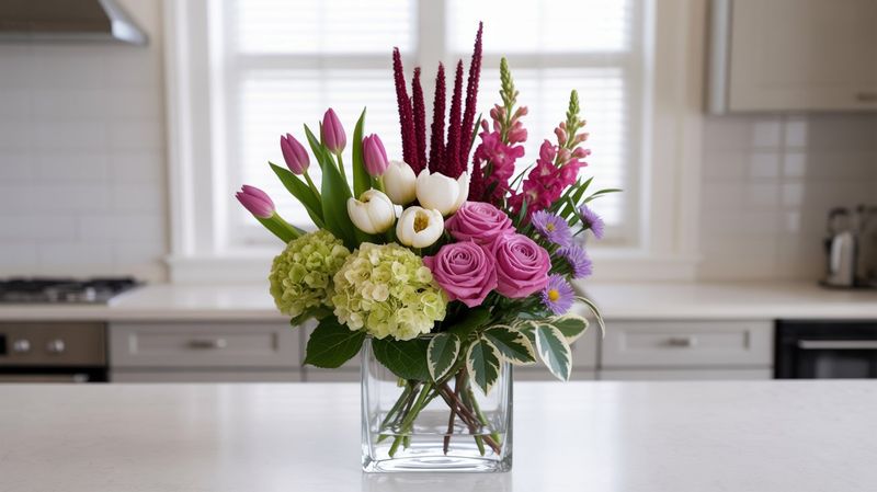 A high-resolution professional photograph of a medium-sized floral arrangement with 2 Antique Green Hydrangeas, 5 Fuchsia Tulips, 4 White Wax Flowers, 5 Hot Pink Roses, 3 stems of Burgundy Upright Amaranthus, 4 stems of Hot Pink Snapdragons, 4 stems of Purple Monte Casino Asters, and greenery including 3 stems of Variegated Pittosporum and 3 stems of Carolina Sapphire, arranged in a clear, glass cube vase. The bouquet is placed on an island in a modern white, brightly lit kitchen.