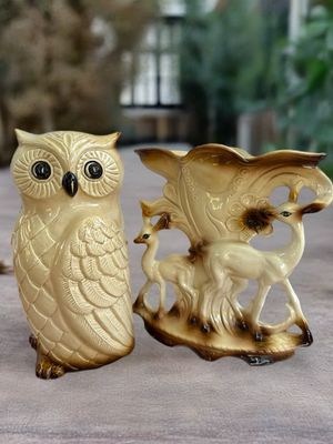 Vintage Ceramic Owl &amp; Deer Vase Set – Cream &amp; Brown Tones