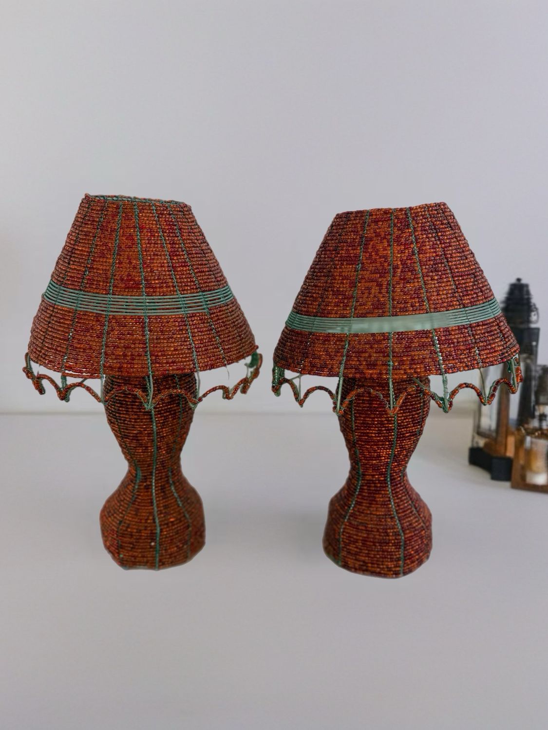 Set of 2 Hand-Beaded Decorative Lamps (No Wiring)