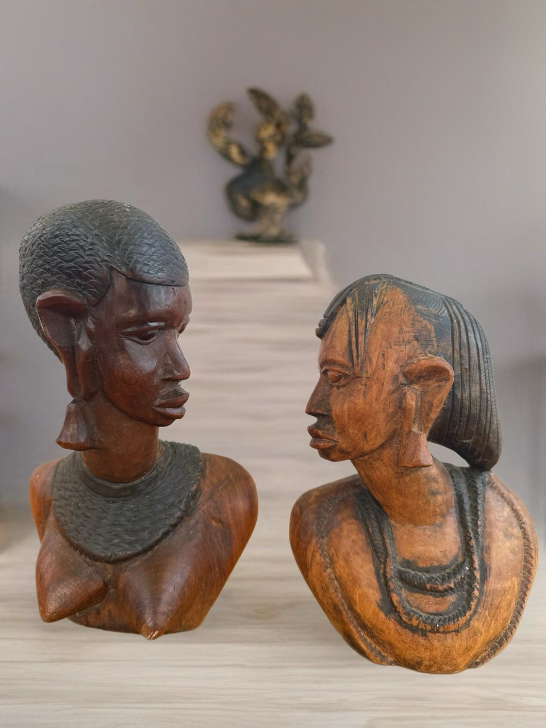 Hand-Carved Wooden African Couple Busts (Set of 2)