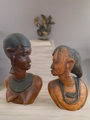 Hand-Carved Wooden African Couple Busts (Set of 2)