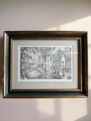 Original Lithograph by Guilini C. “Rik Axe” – Belgian Bridge Scene