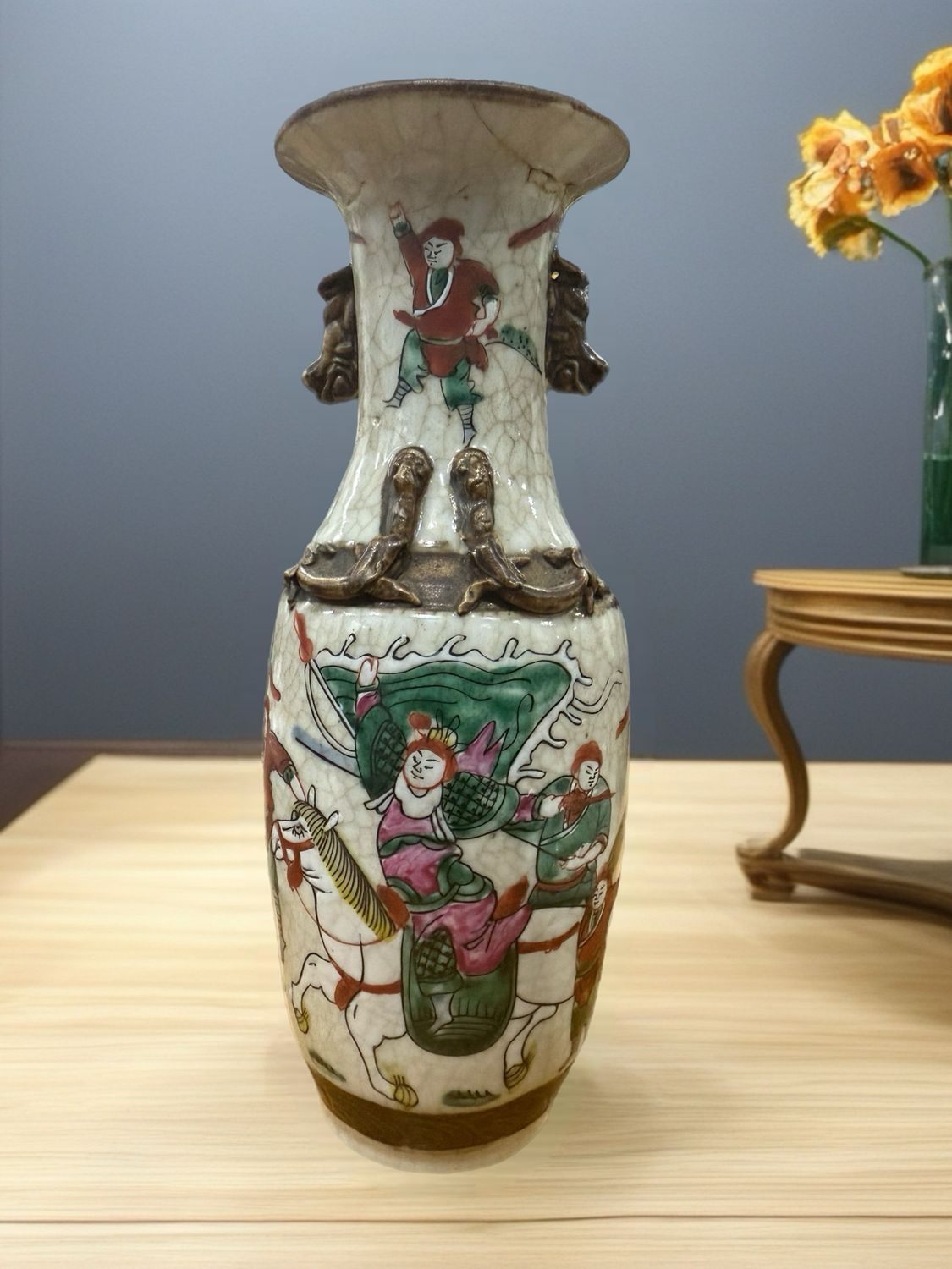Vintage Hand-Painted Japanese Warrior Vase with Raised Detailing (Repaired)