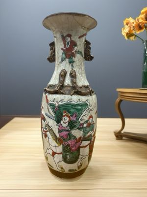 Vintage Hand-Painted Japanese Warrior Vase with Raised Detailing (Repaired)