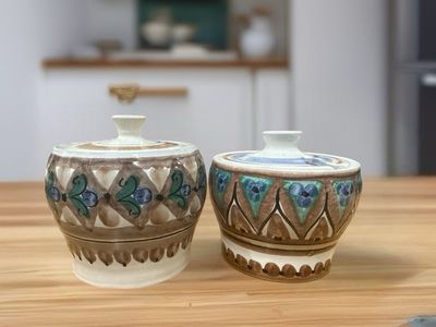 Vintage Hand-Painted Ceramic Lidded Pots (Set of 2)