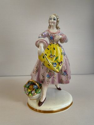 Hand-Painted Italian Porcelain Figurine of a Lady with Yellow Apron and Flower Basket