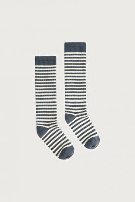 Long Ribbed Socks GOTS - Blue Grey - Cream