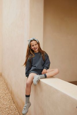 Long Ribbed Socks GOTS - Blue Grey - Cream