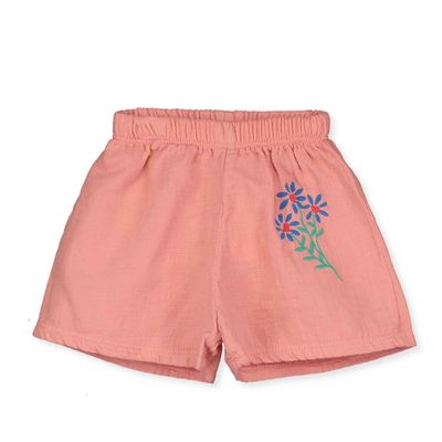 Lötiekids - MUSLIN BABY Girl SHORT - CLAY PINK - Licht roze korte broek met bloem - meiden 