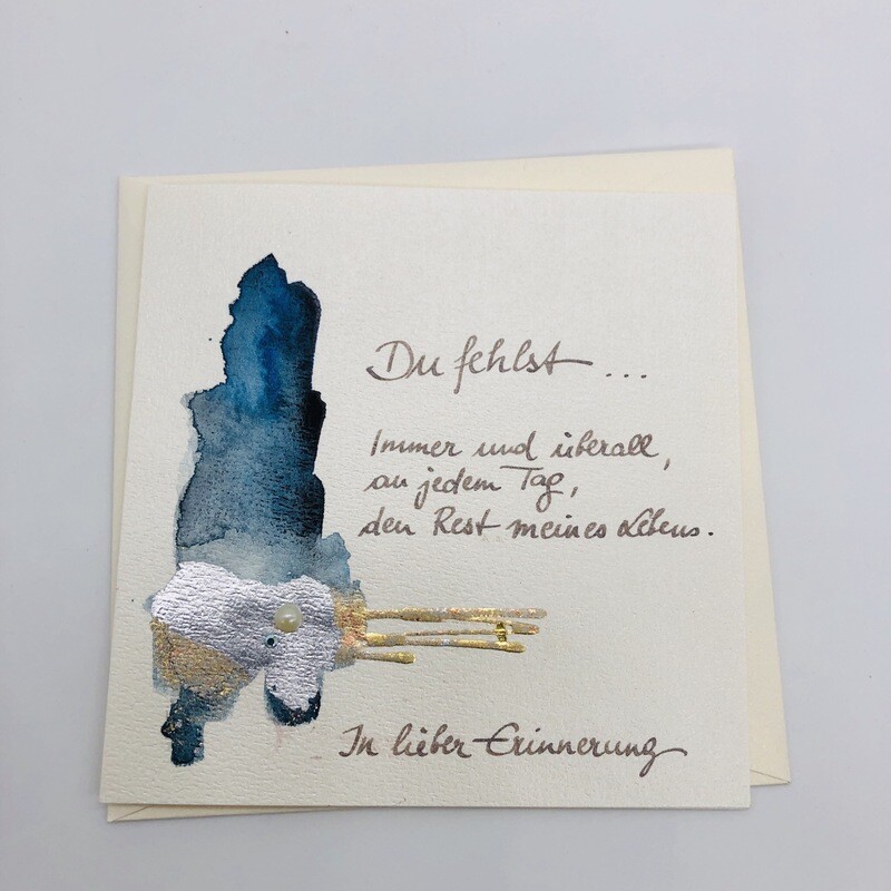 Billett „handmade“ Trauer blau/Blattmetall, Perle, Swarovskikristall