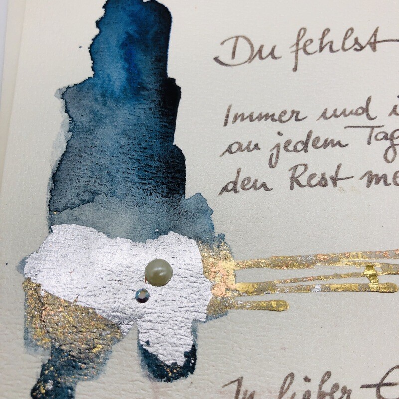 Billett „handmade“ Trauer blau/Blattmetall, Perle, Swarovskikristall