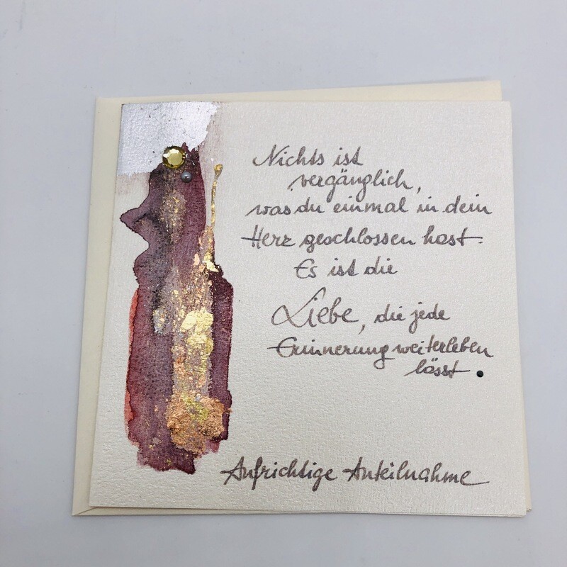 Billett „handmade“ Trauer rot/Blattmetall, Perle, Kristall
