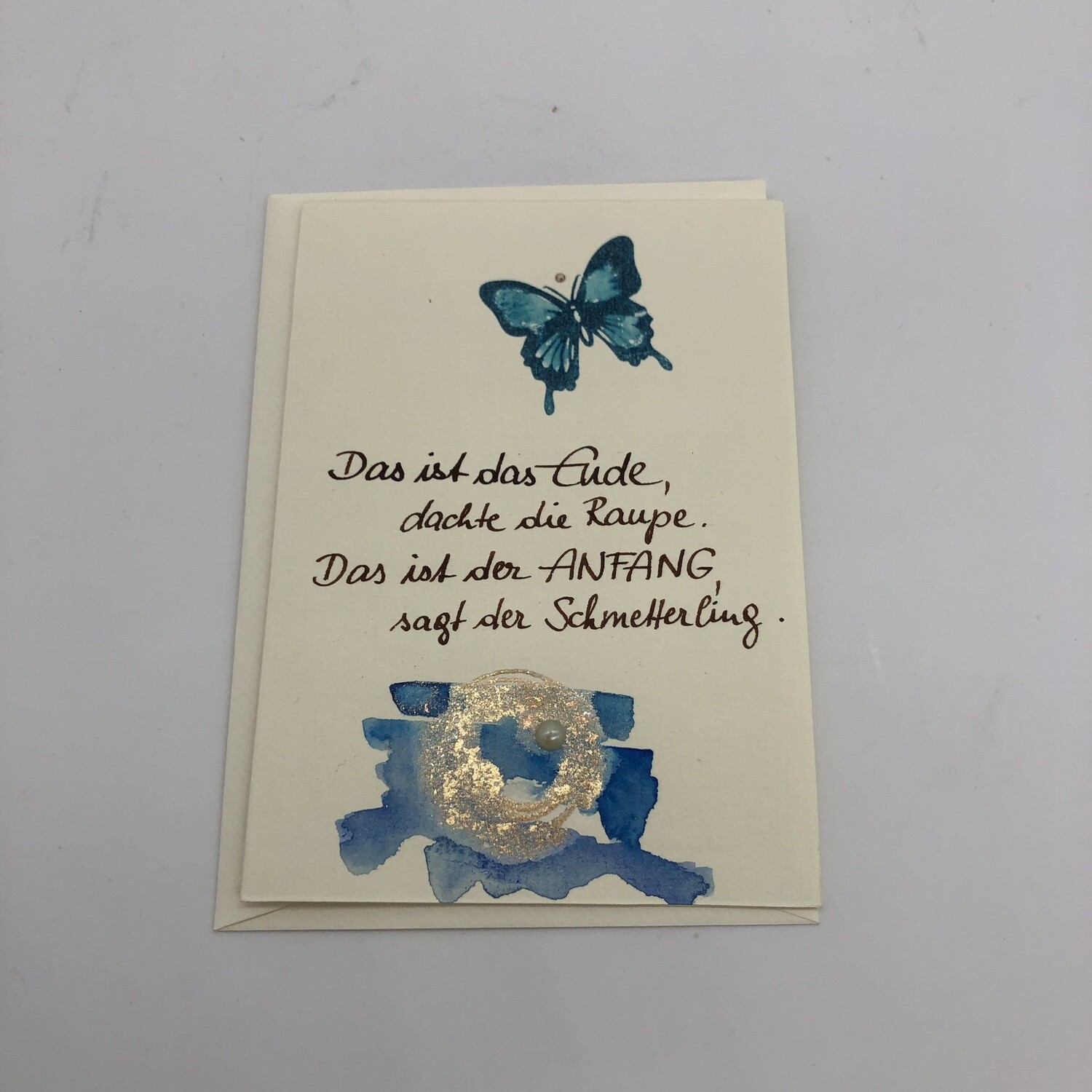 Billett „handmade“ Trauer Schmetterling blau/gold/Perle, Swarovskikristall