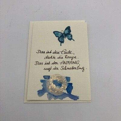 Billett „handmade“ Trauer Schmetterling blau/gold/Perle, Swarovskikristall
