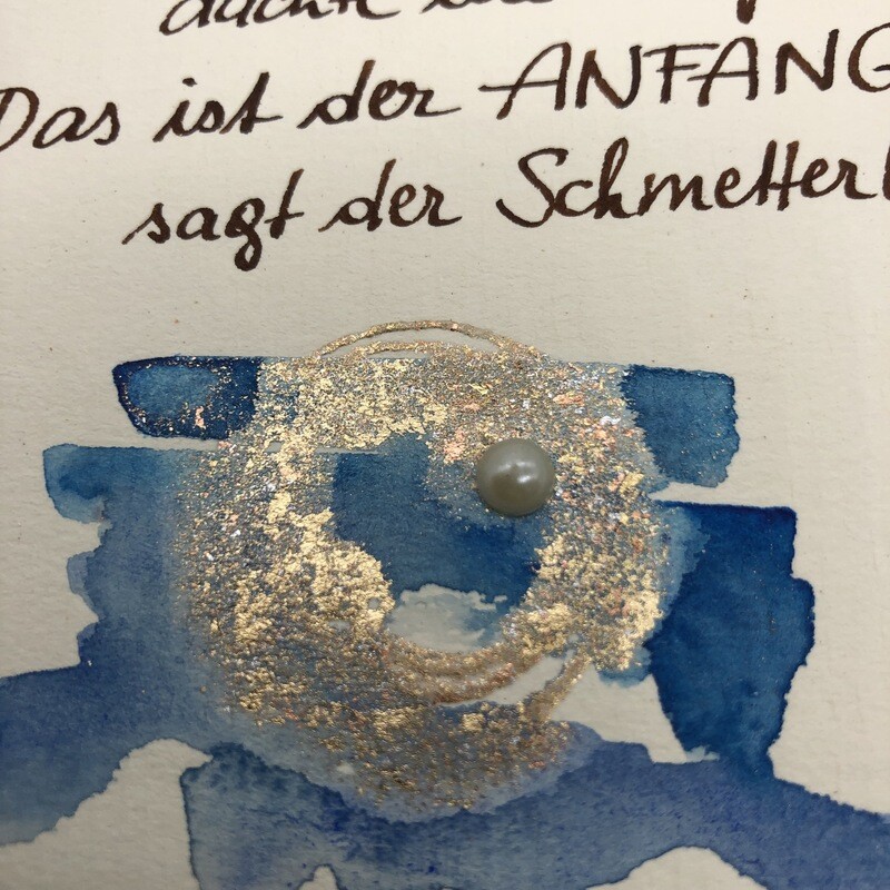 Billett „handmade“ Trauer Schmetterling blau/gold/Perle, Swarovskikristall