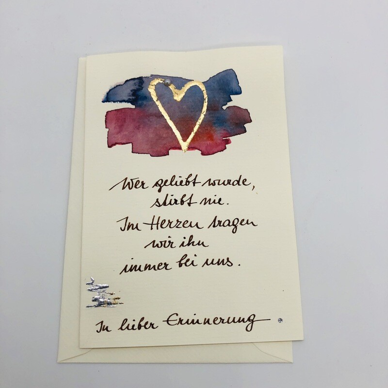 Billett „handmade“ Trauer Herz gold, Perle, Swarovskikristall