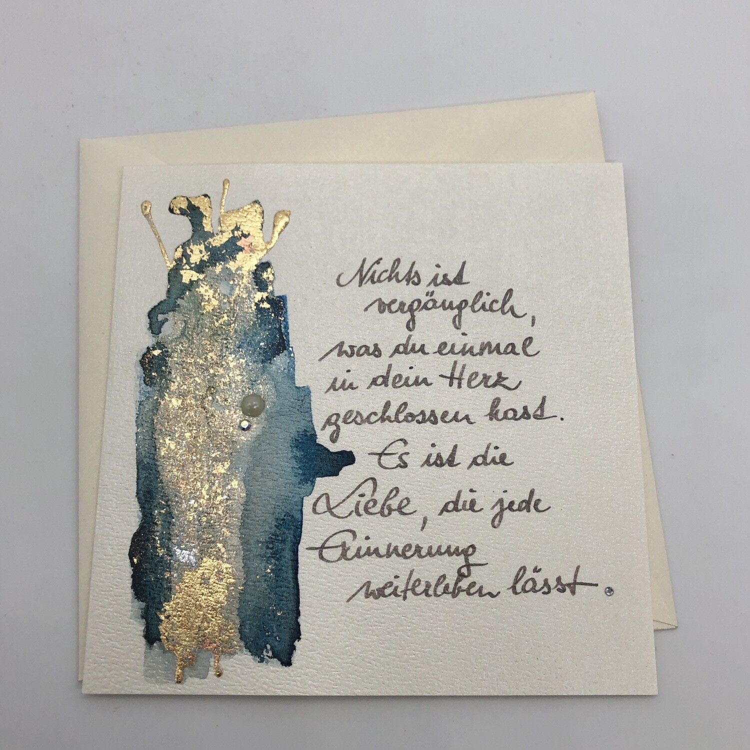 Billett „handmade“ Trauer blau/Blattmetall, Perle, Swarovskikristall