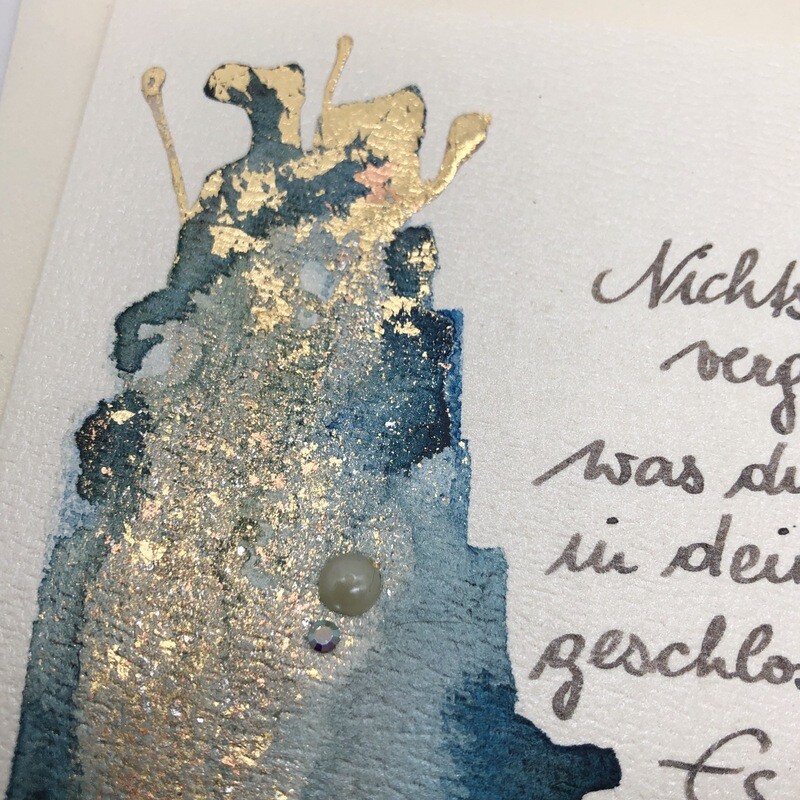 Billett „handmade“ Trauer blau/Blattmetall, Perle, Swarovskikristall
