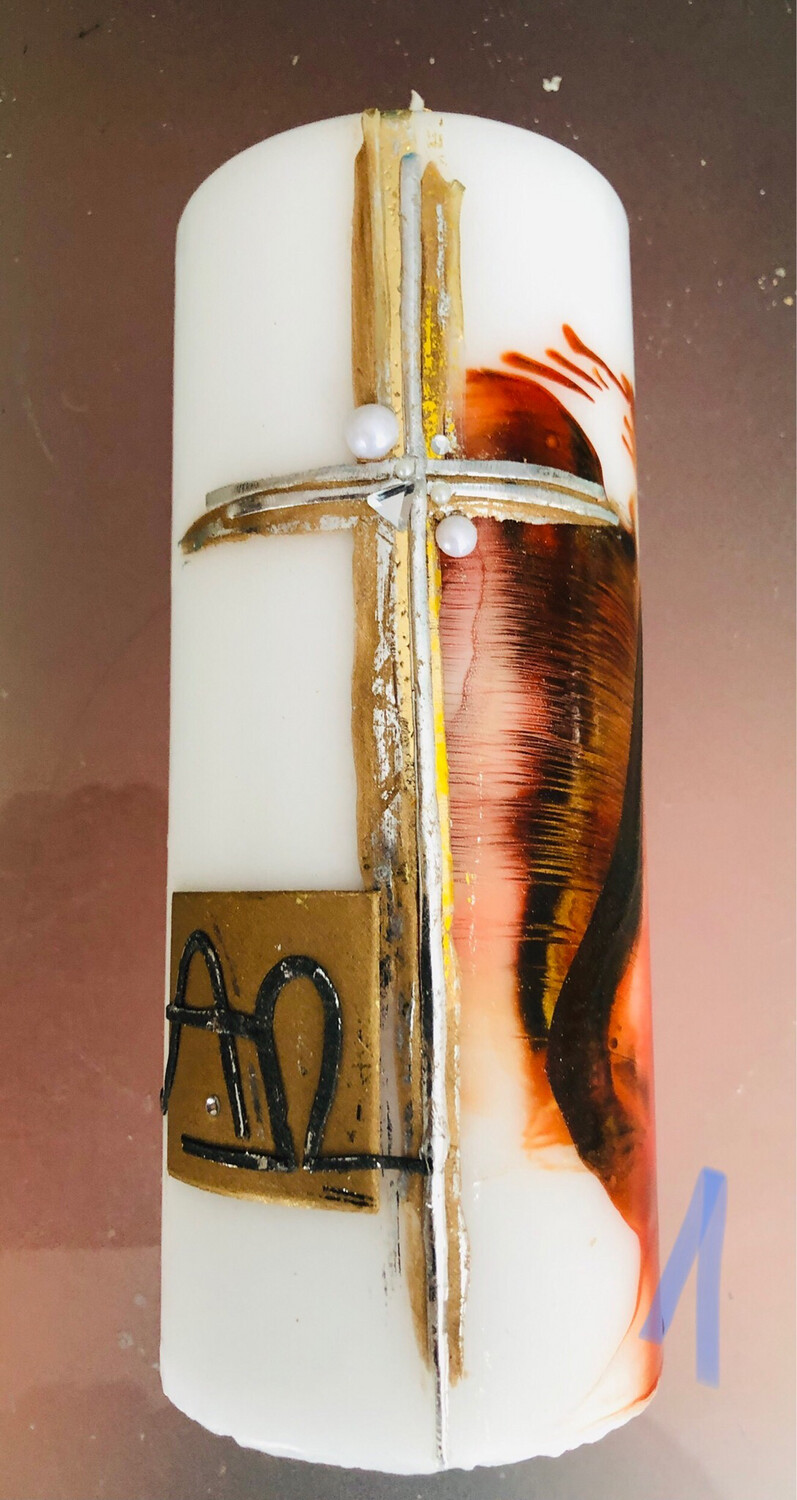 Trauerkerze - Encaustic, Rot/Brauntöne, Blattwachs, Perlen, Kristalle