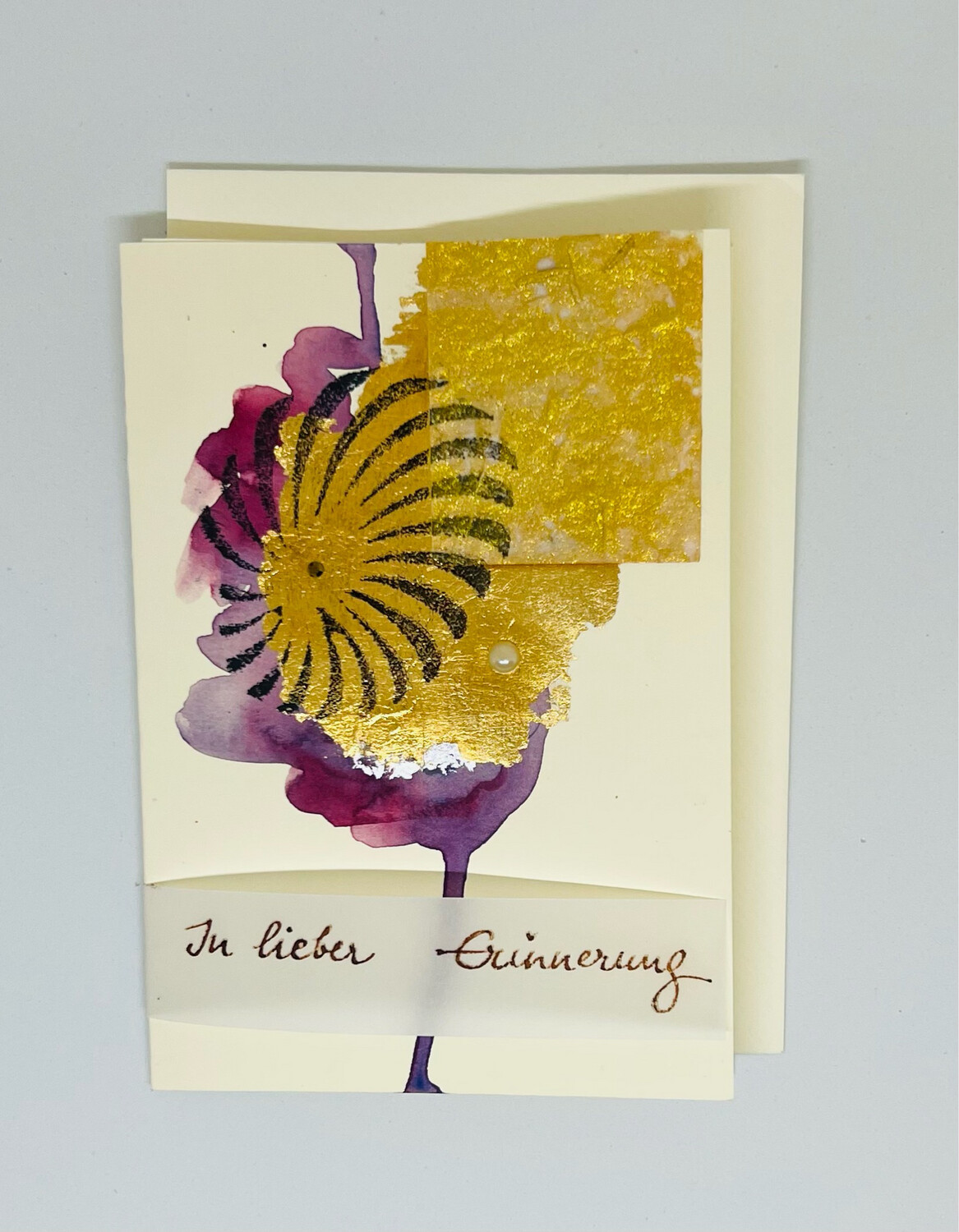 Billett „handmade“ Trauer - handcoloriert, gestempelt, Blattmetall und Perle